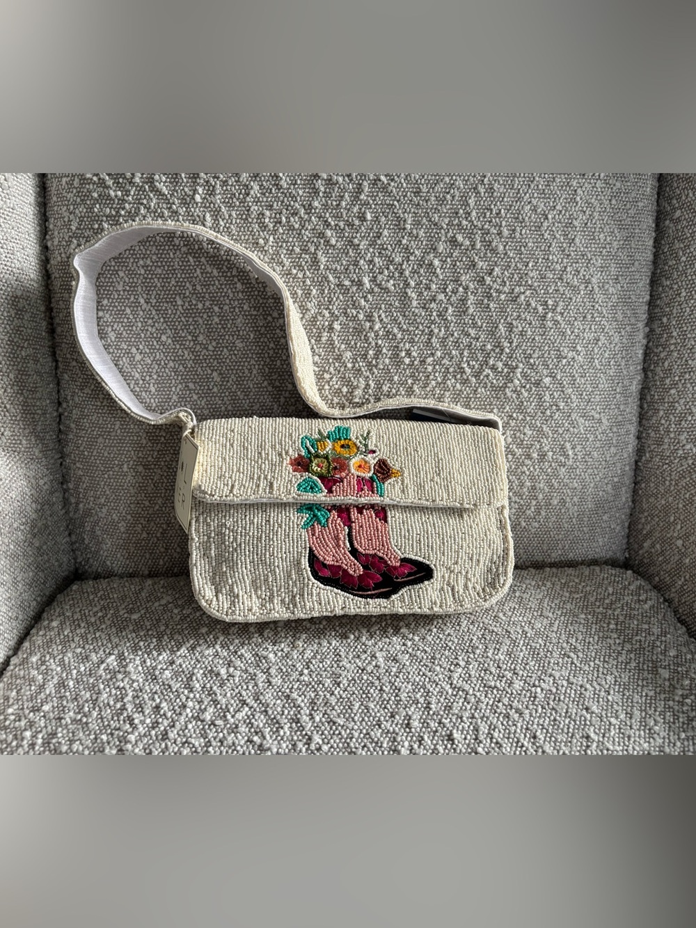 Cream Beaded Shoulder Bag with Pink Boot Embroidery